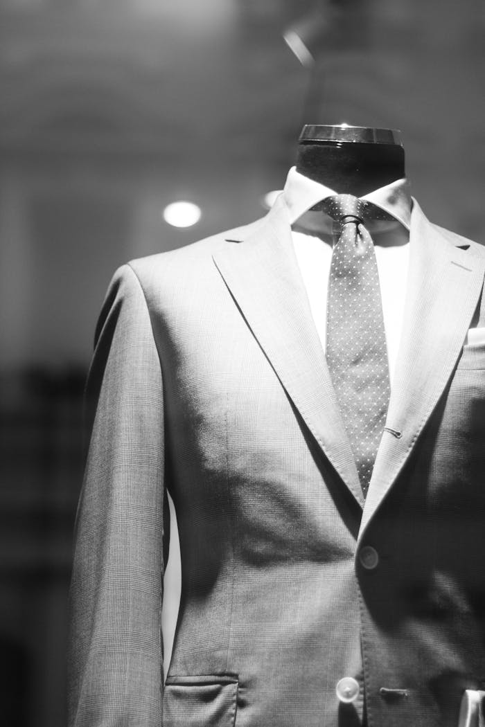 why-choose-us Through glass elegant formal gray suit presented on mannequin in modern mans clothing store